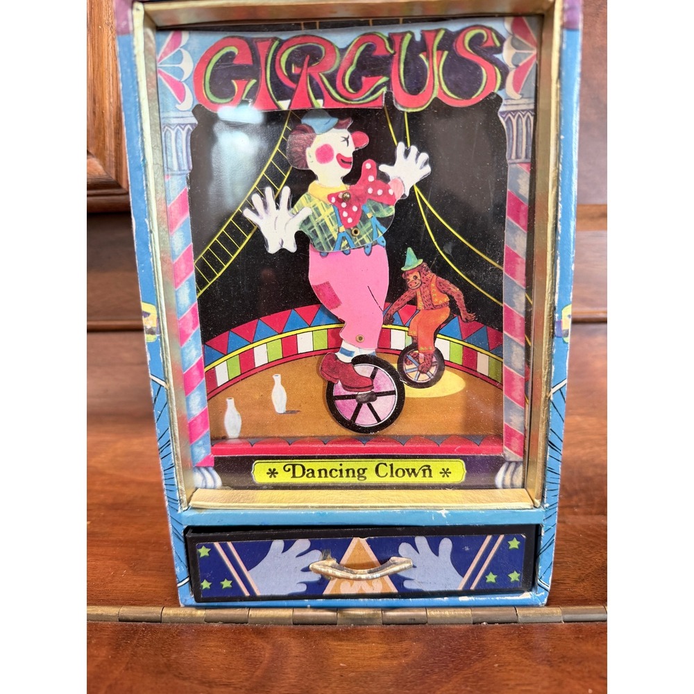 Vintage Circus Dancing Clown Musical Jewelry Box Wind Up Toy Blue Red Working